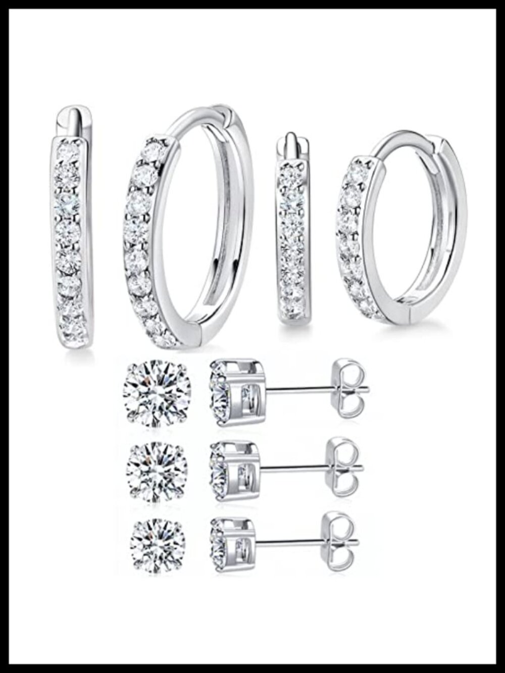 White Gold Plated Hoop & Stud Earring Set Cubic Zirconia Hypoallergenic Huggie